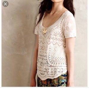 Anthro Meadow Rue cream lace embroidered top
